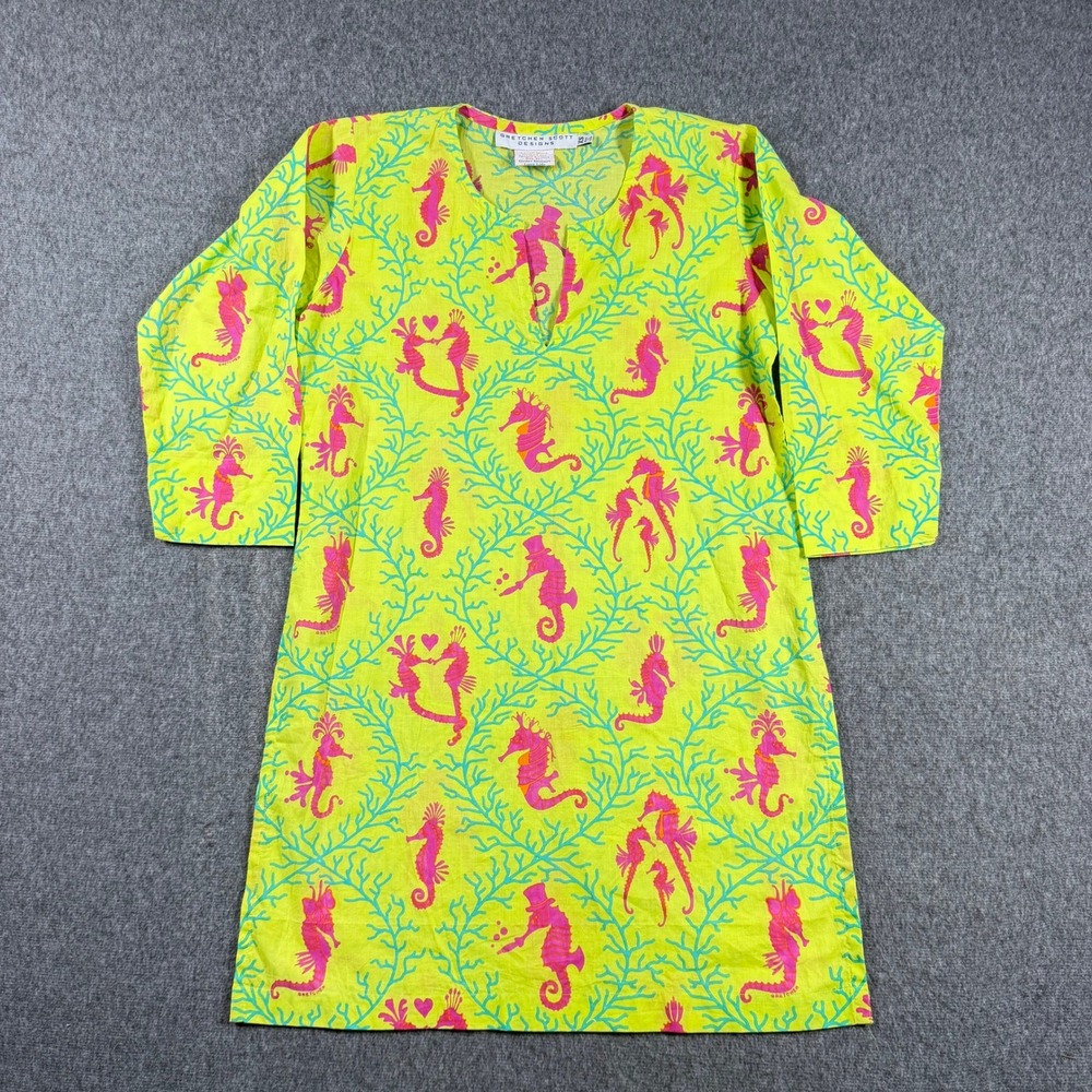 Gretchen Scott Designs Seahorse Coral‎ Tunic Top Lime Green Pink Cotton XS